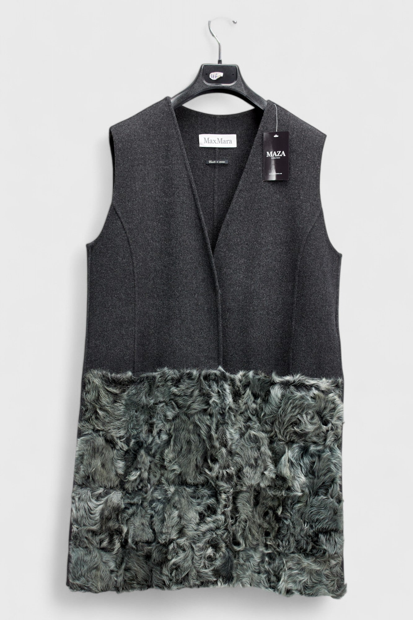 MaxMara Dark Gray Fur-Trimmed Wool Gilet - 100% Lamb Fur