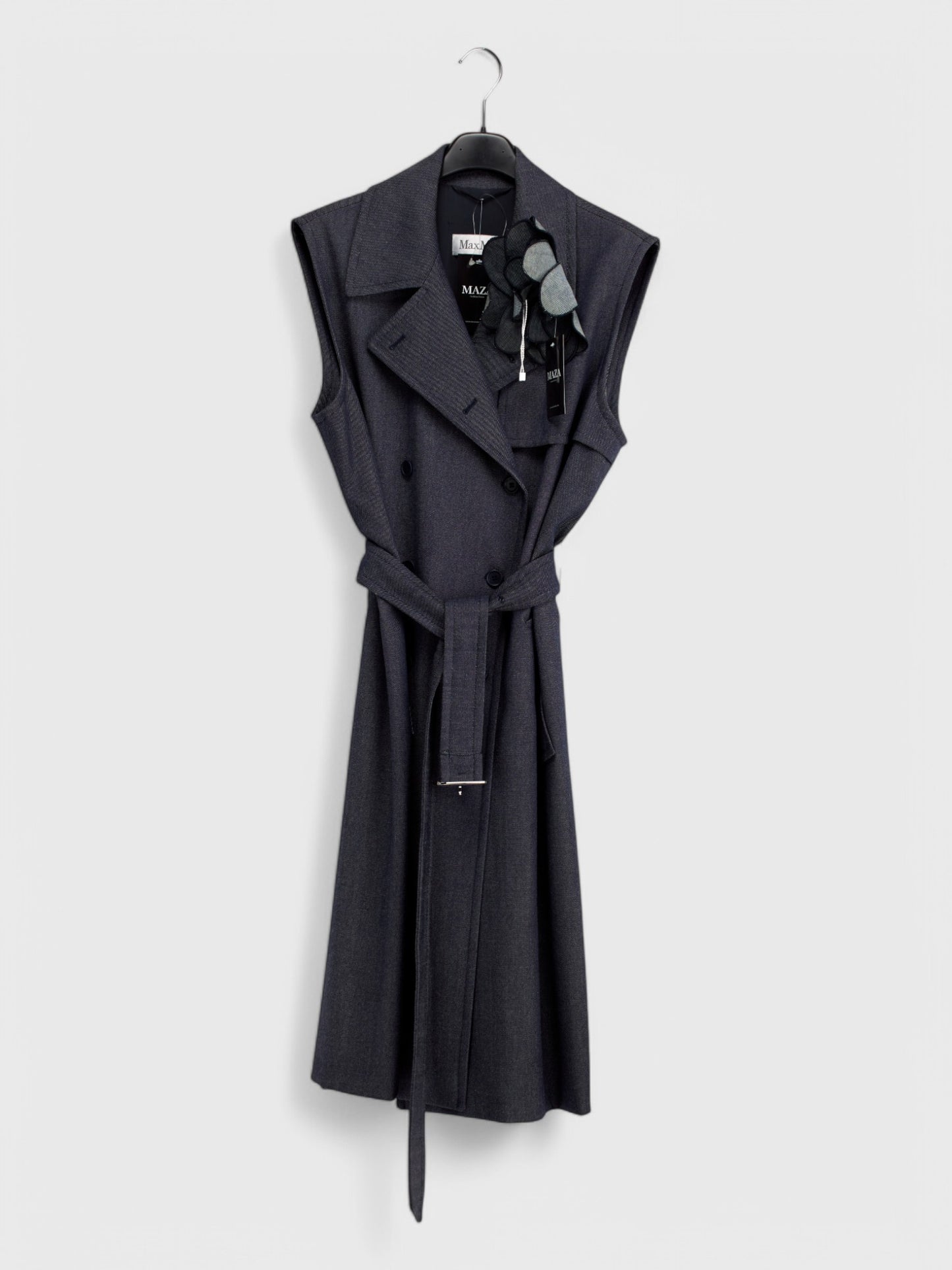 Grey-blue sleeveless long jacket in size 48 with denim-effect wool cashmere silk fabric and waist belt, displayed on a hanger.