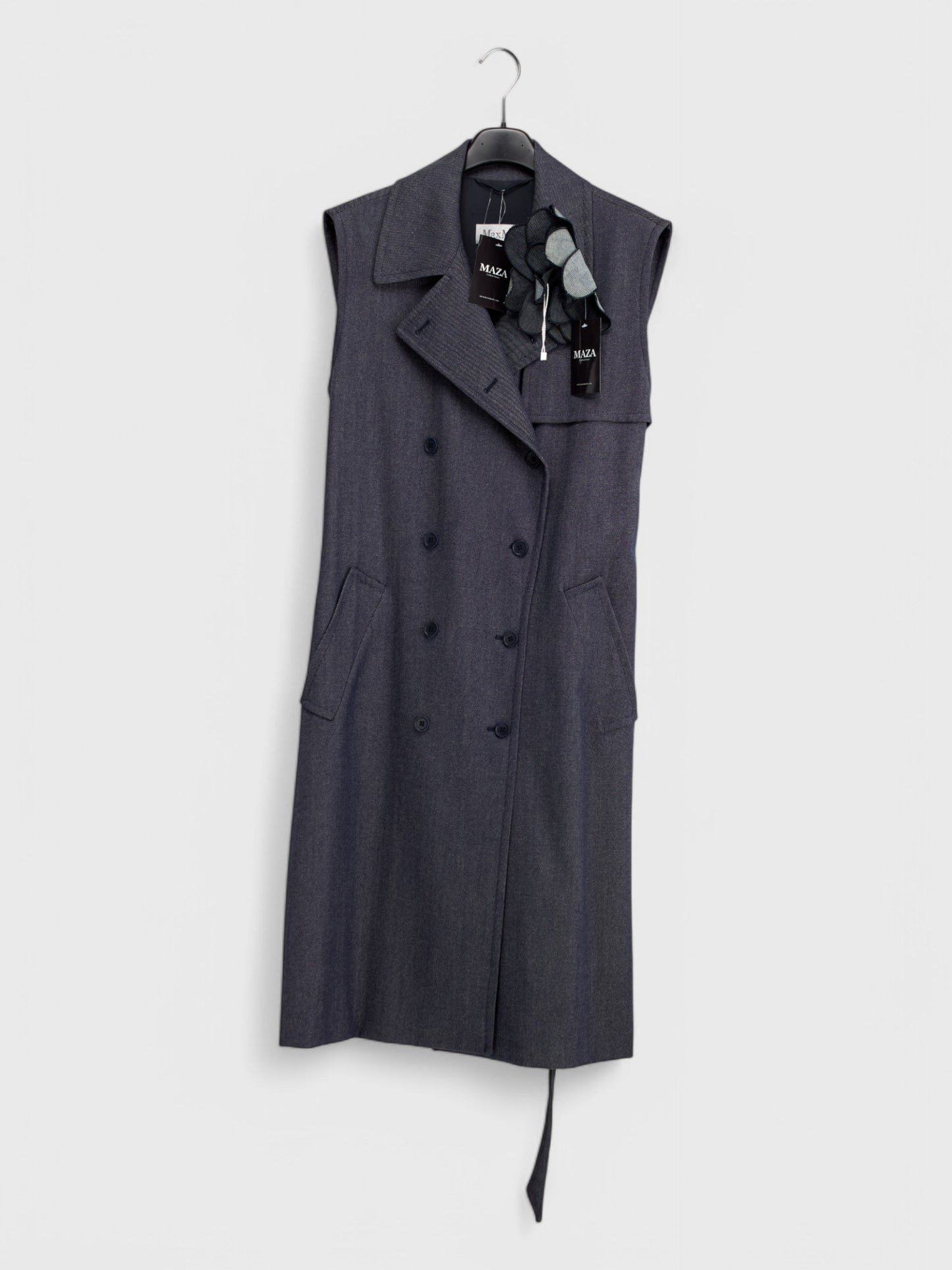 Long Jacket Without Sleeves Size IT 48 Grey Blue With Denim Effect Wool Cashmere Silk