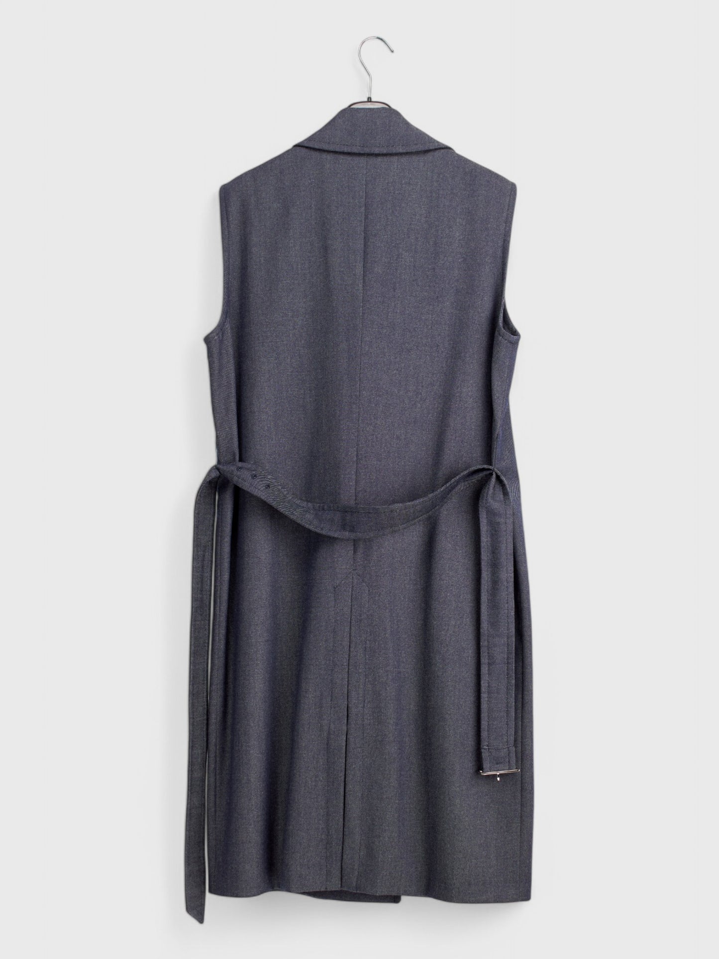 Long Jacket Without Sleeves Size IT 48 Grey Blue With Denim Effect Wool Cashmere Silk