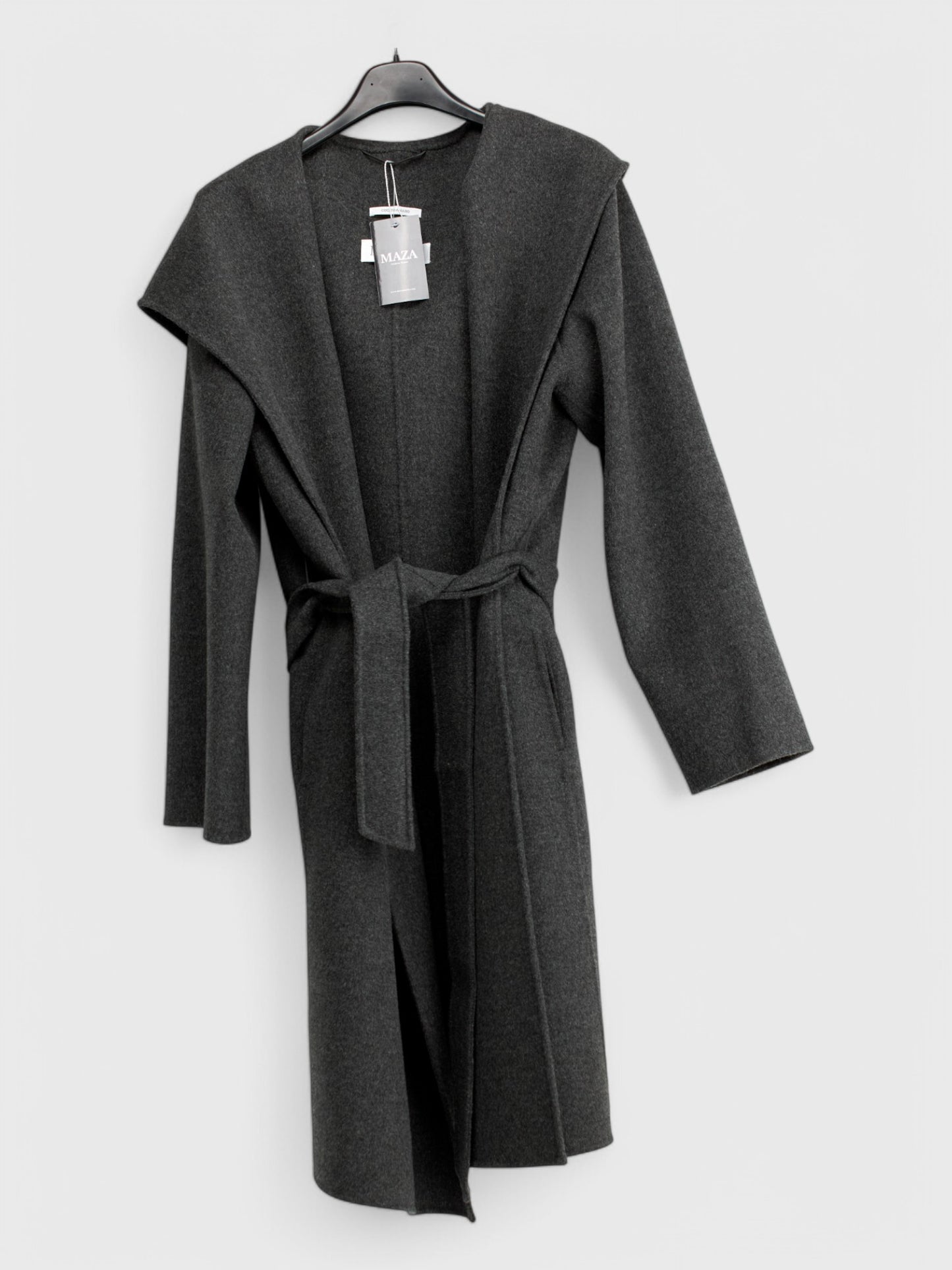 Dark grey wool coat with hooded collar and belt, available in sizes 46 and 48, hanging on a hanger with tag attached