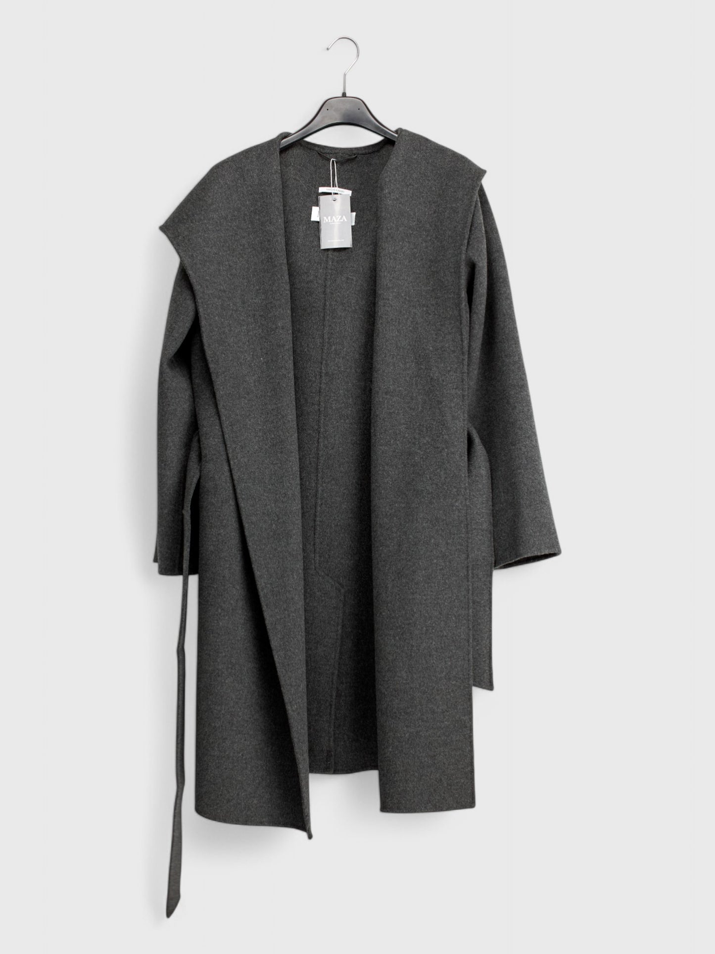 Dark grey wool coat with open front and belt hanging loosely, showing interior lining, available in sizes 46 and 48, displayed on a hanger