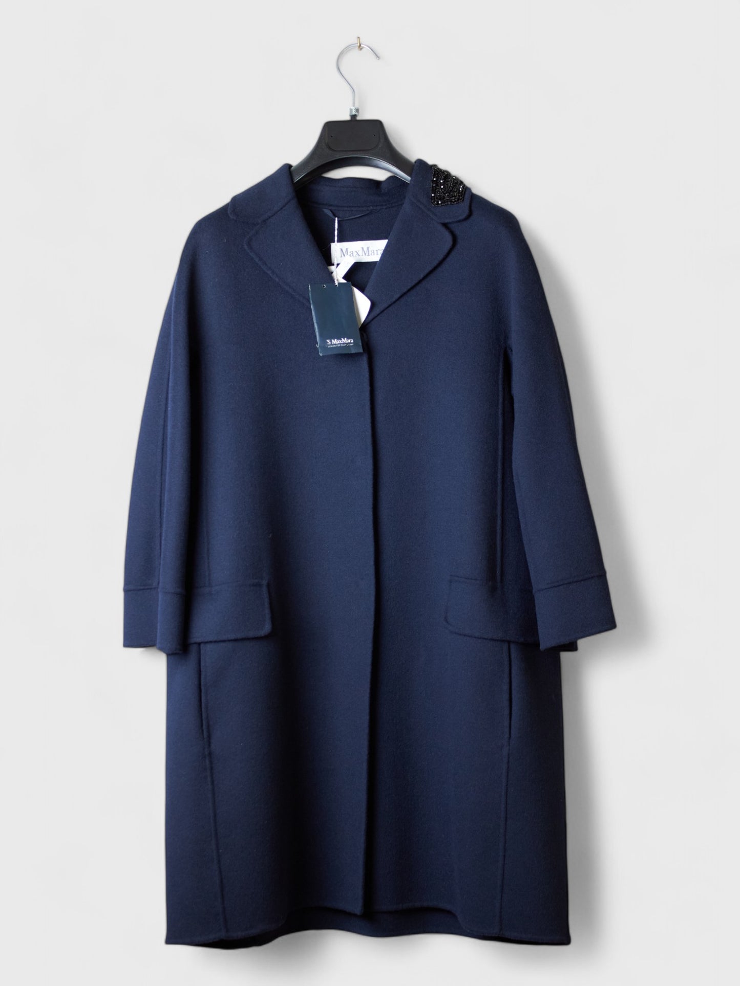 Elegant Dark Blue Max Mara Coat with Embellished Collar - Sizes 36, 38, 46