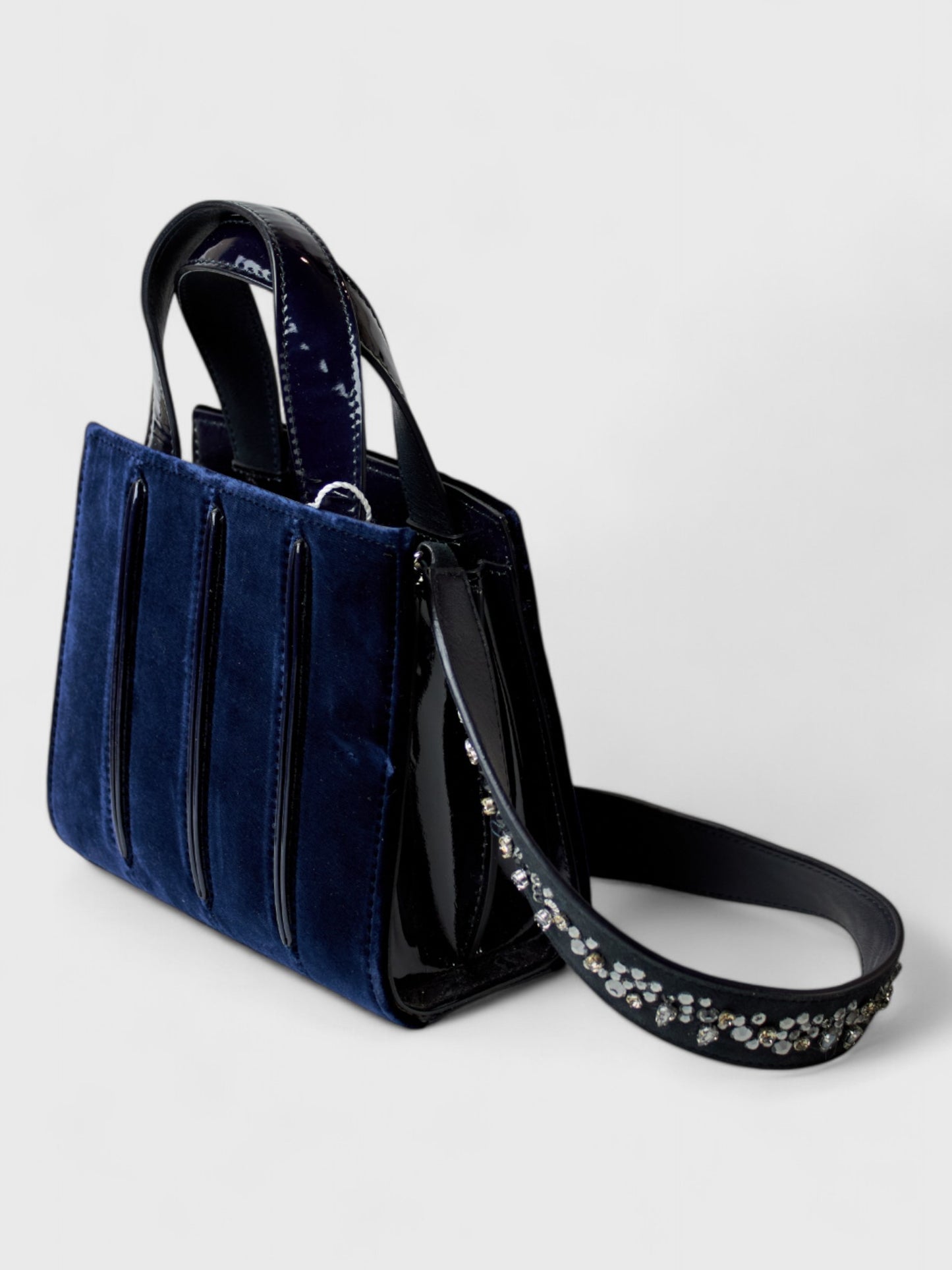 Max Mara Navy Blue Velvet and Patent Leather Handbag