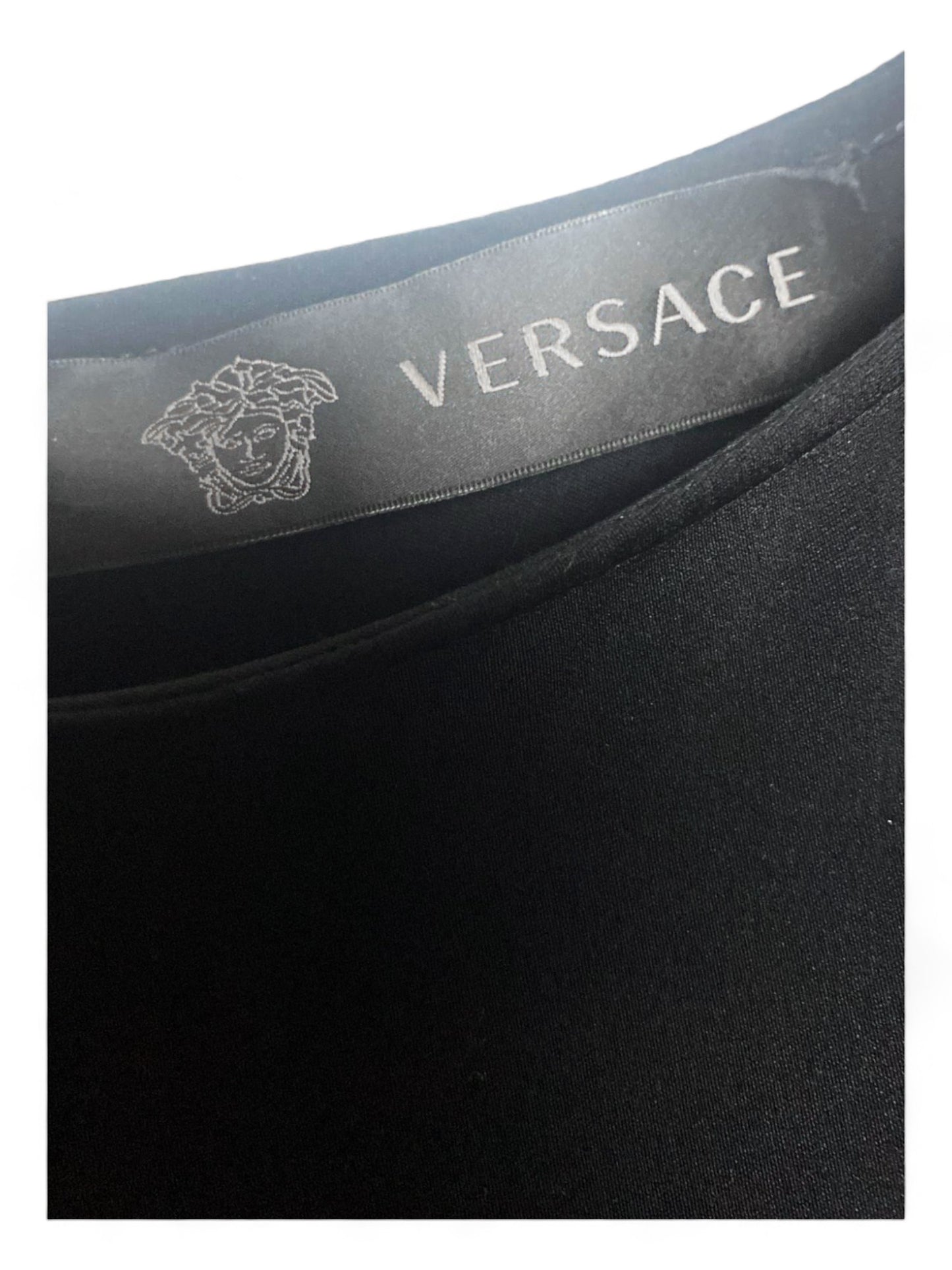 Versace Black Cocktail Dress with Gold Accent - Size 44, 97cm Long