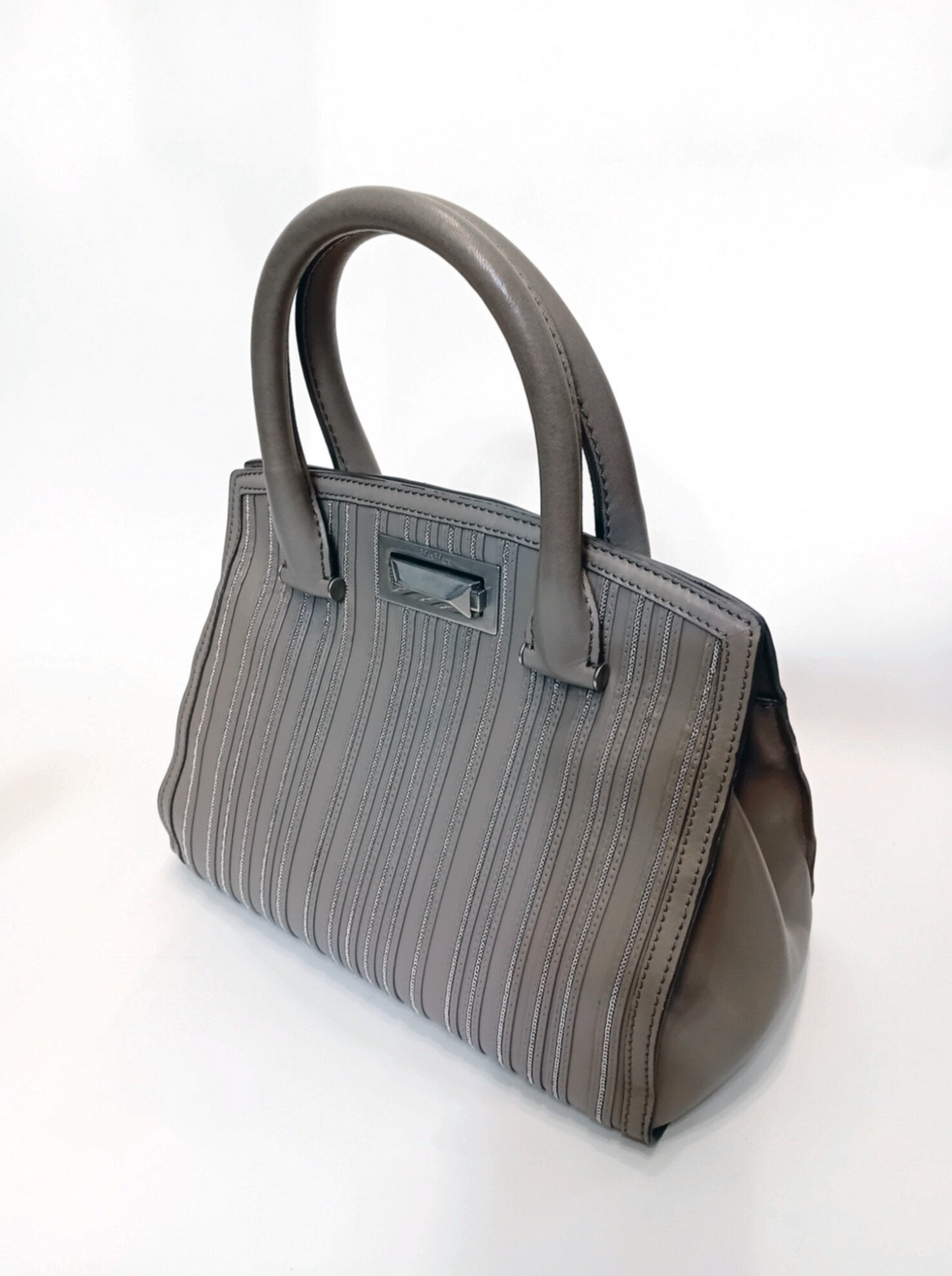 Taupe Max Mara striped leather handbag with textured leather and sturdy handles