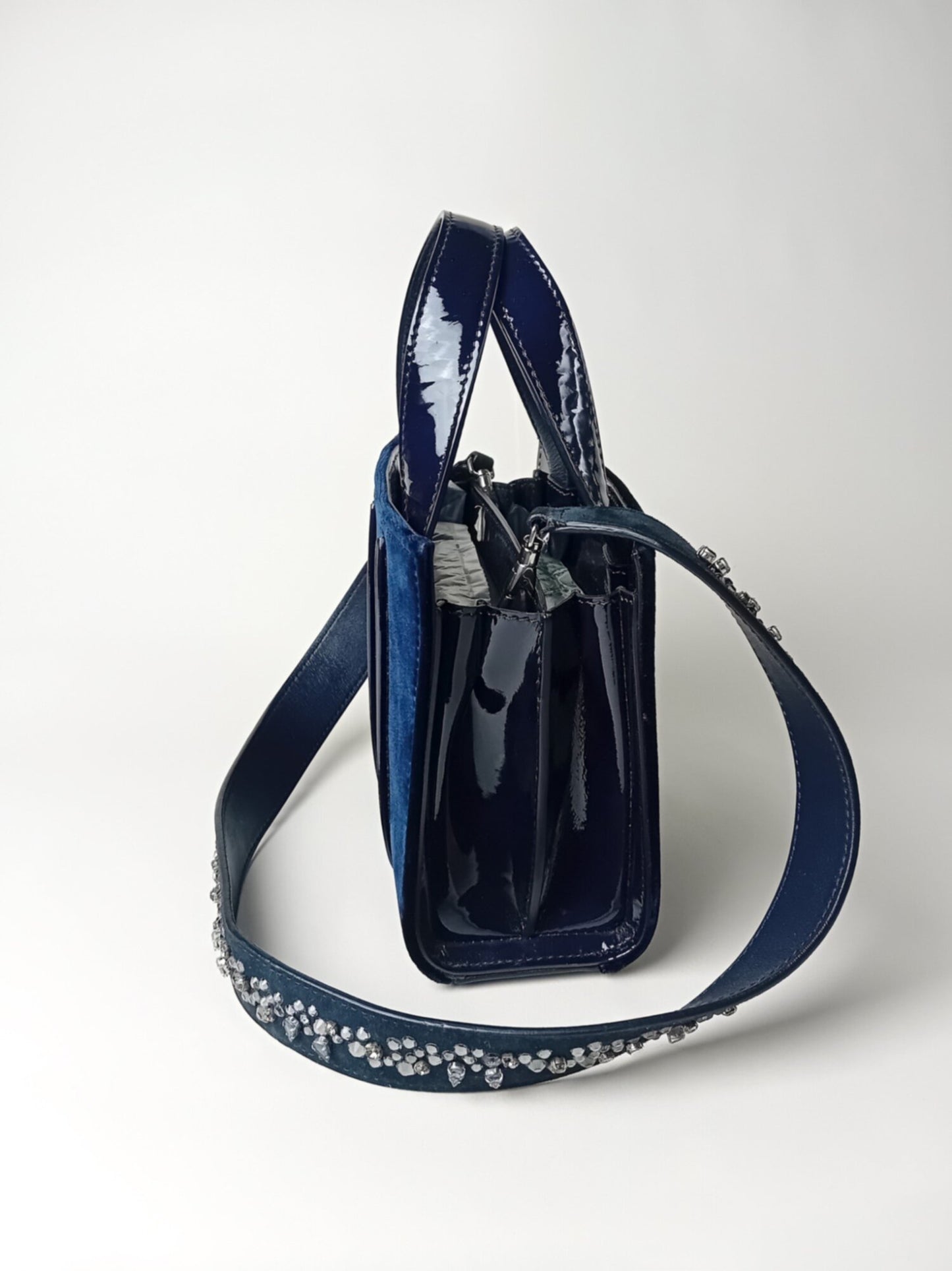 Max Mara Navy Blue Velvet and Patent Leather Handbag