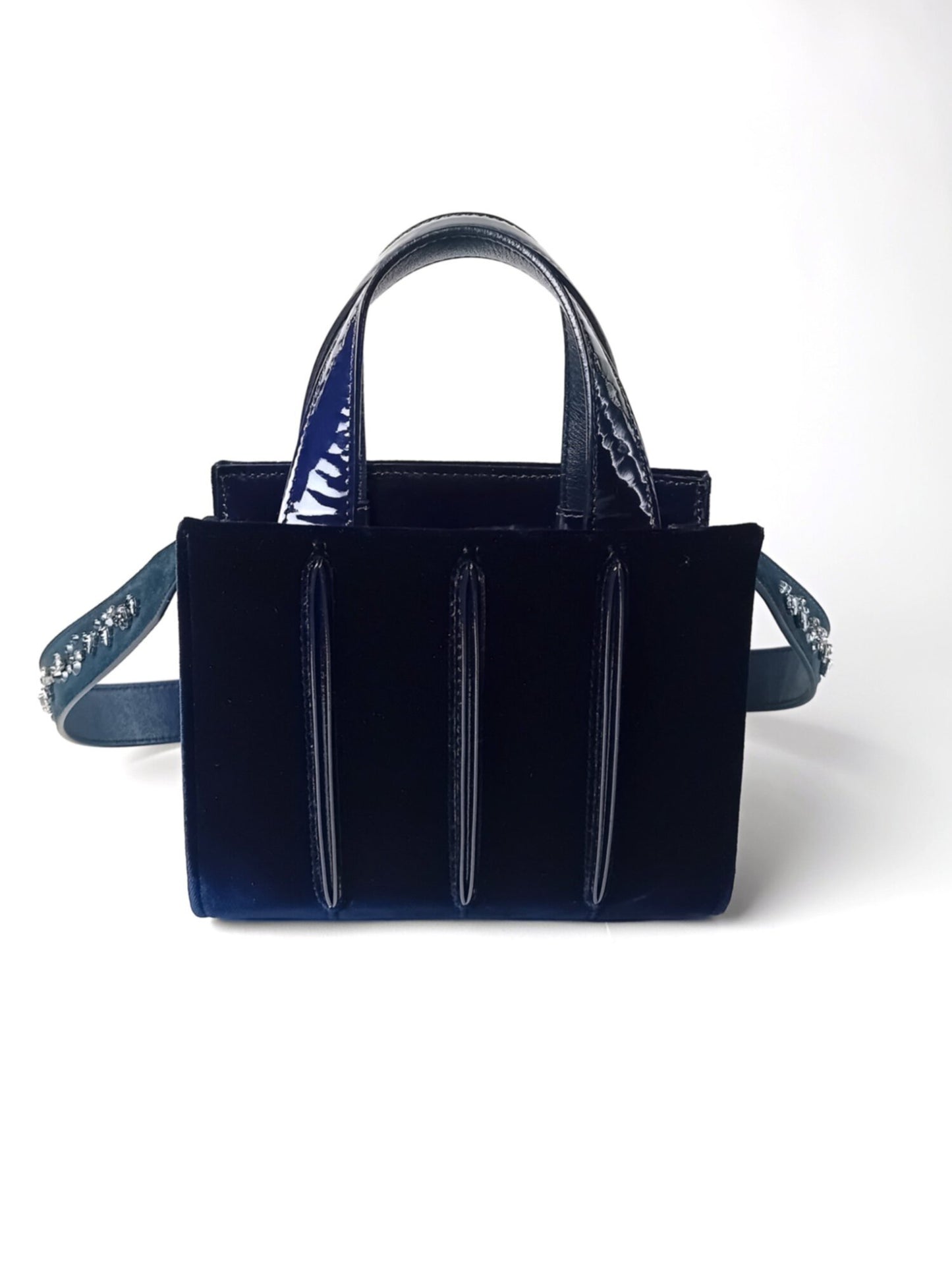 Max Mara Navy Blue Velvet and Patent Leather Handbag
