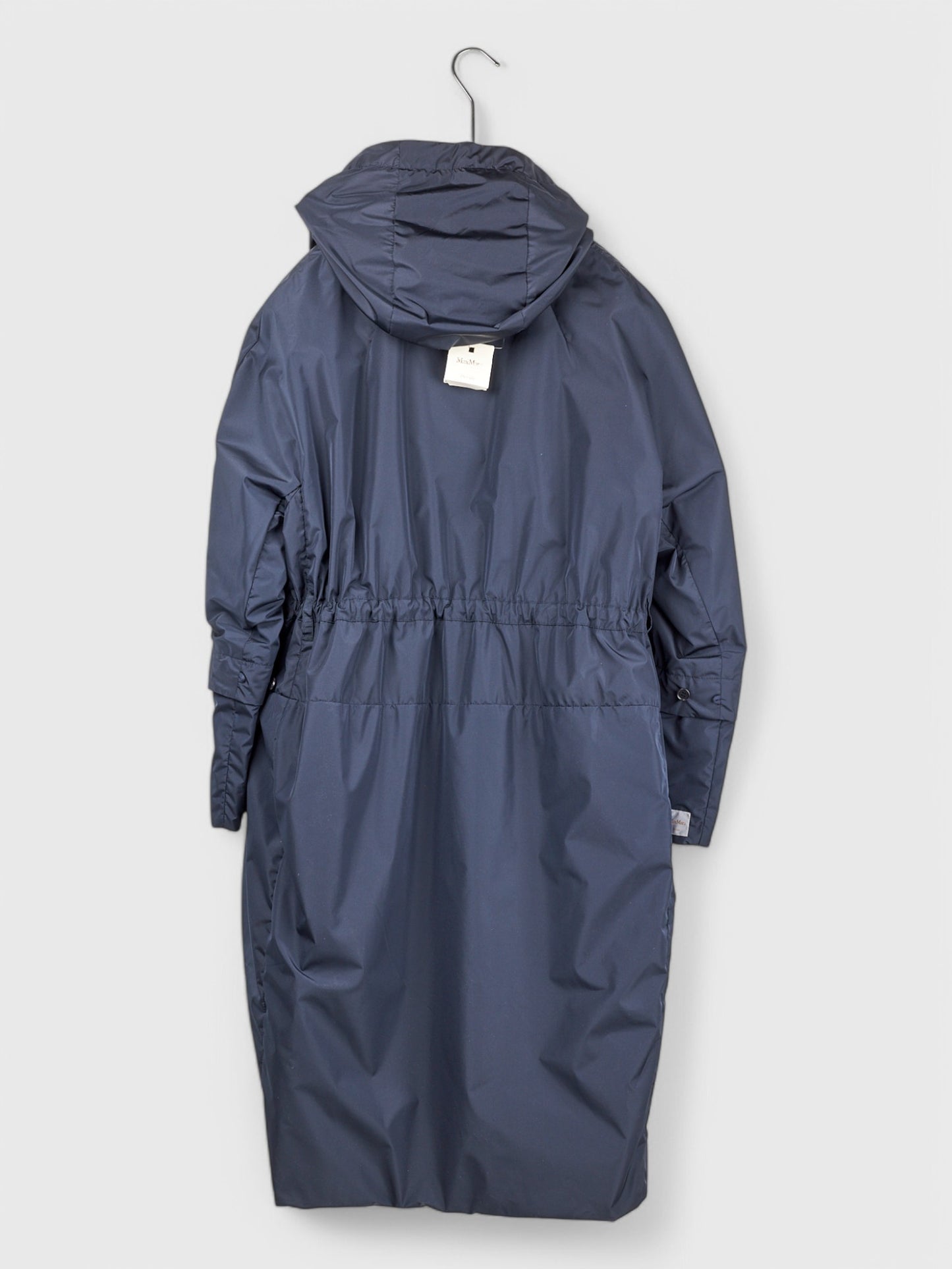 Navy balloon coat back view adjustable cuffs flap pockets waterproof fabric luxury rain coat sizes 46 48
