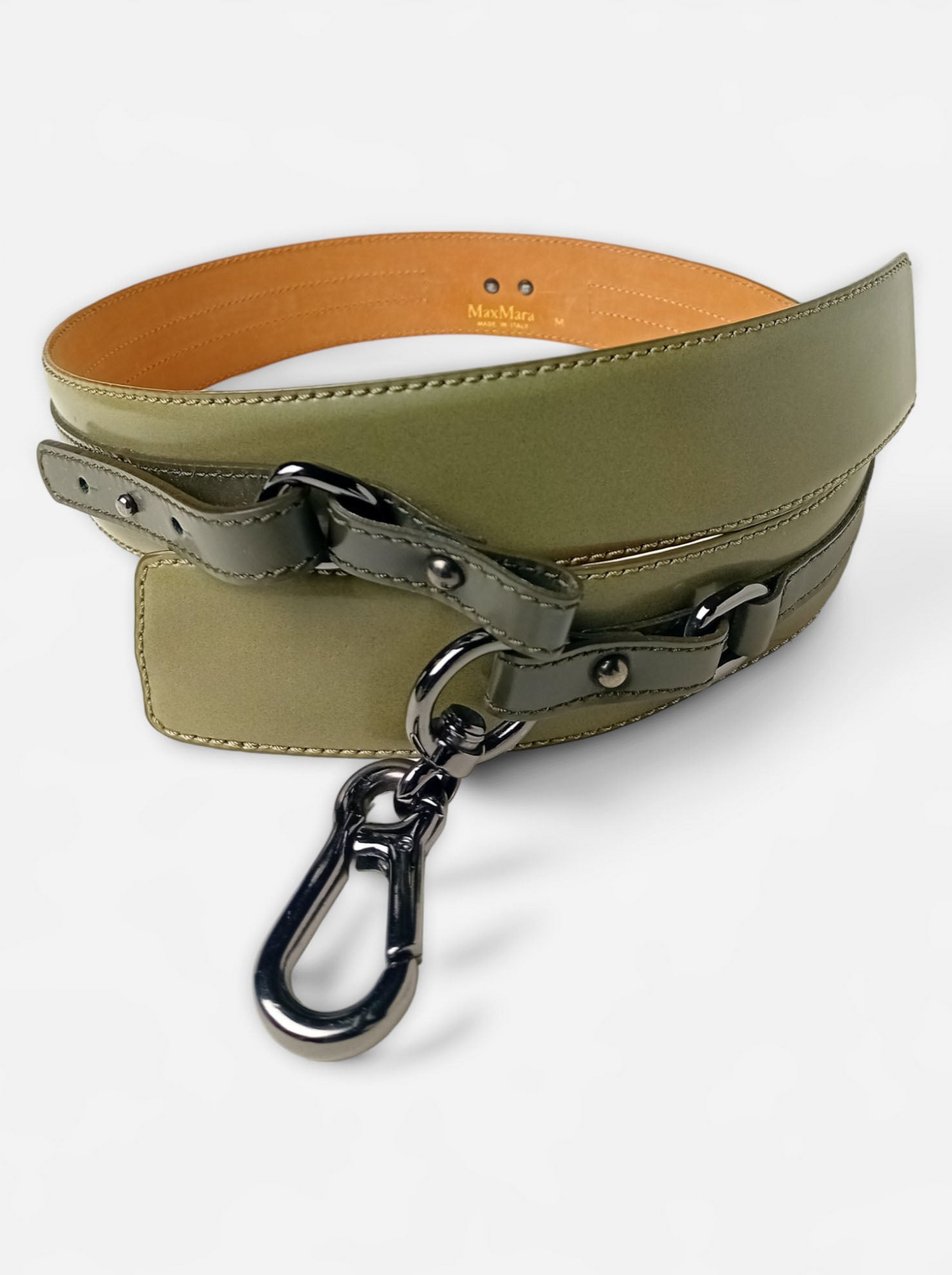 Front view of a MaxMara olive green leather belt with metal buckle and detailing.