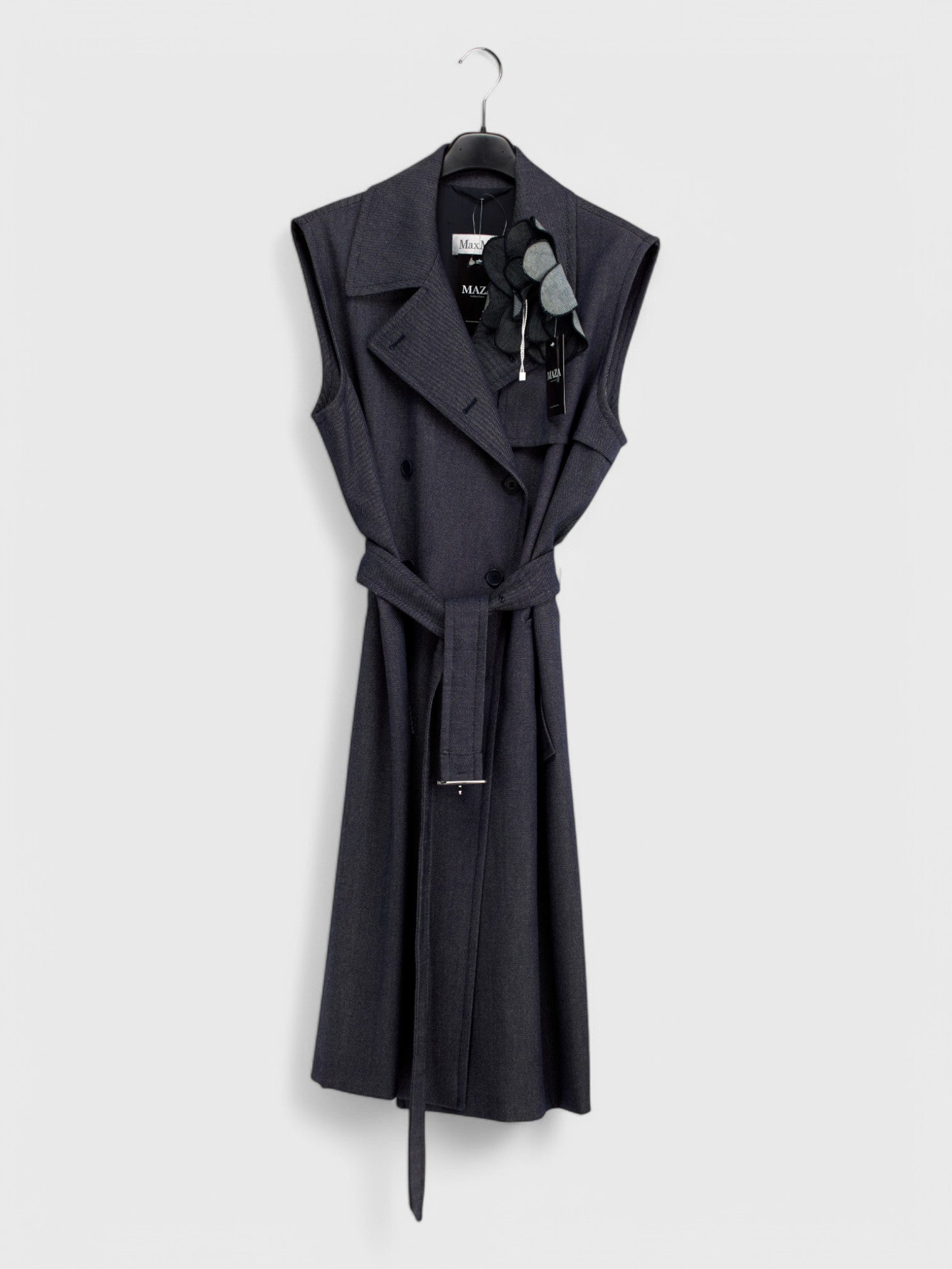 Grey-blue sleeveless long jacket in size 48 with denim-effect wool cashmere silk fabric and waist belt, displayed on a hanger.