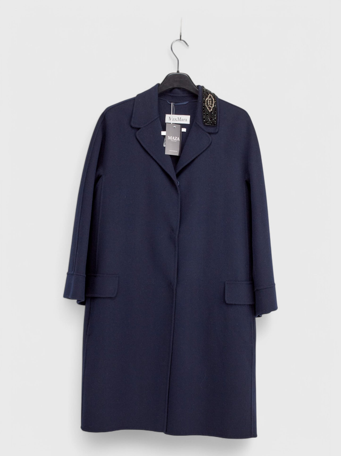 Angora coat with Swarovski crystals navy blue luxury designer outlet