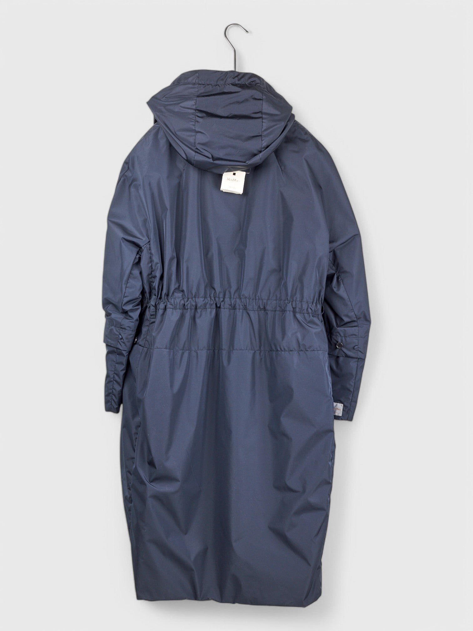 Navy balloon coat back view adjustable cuffs flap pockets waterproof fabric luxury rain coat sizes 46 48