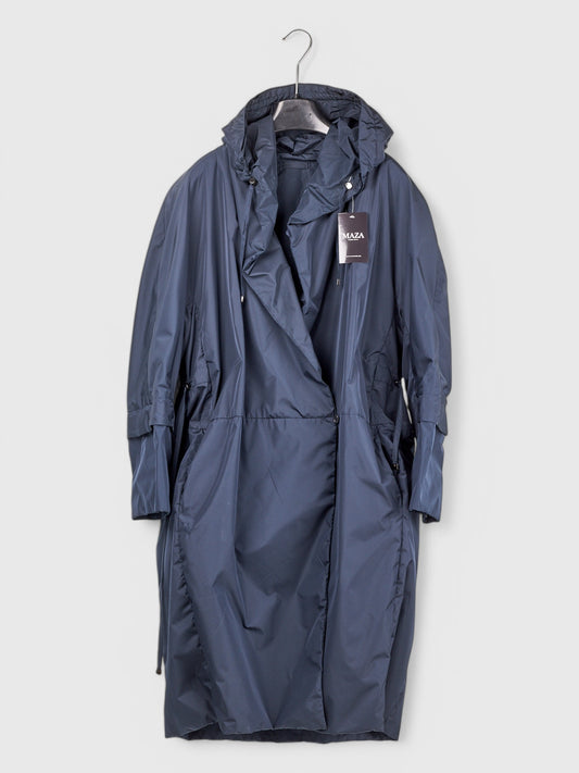 Navy waterproof balloon coat front view zip closure hood sizes 46 48 MazaModa luxury outerwear